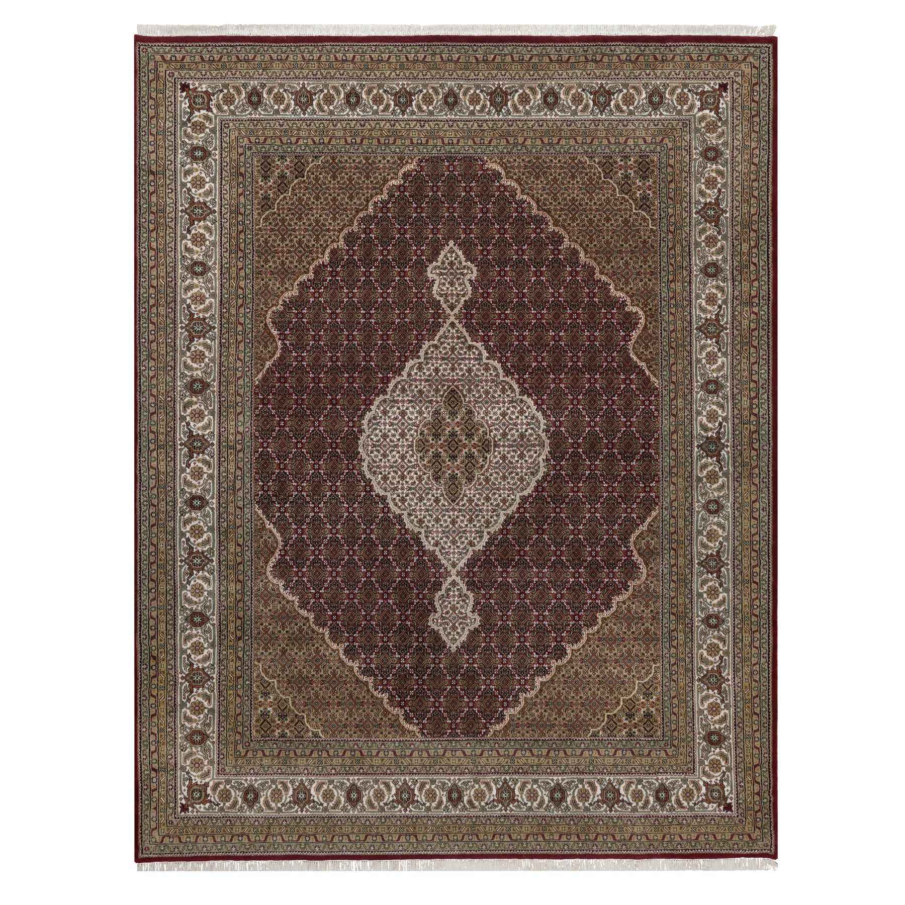 Rhubarb Red, Hand Knotted, Tabriz Mahi with Fish Medallion Design, 100% Wool, 175 KPSI, Oriental Rug